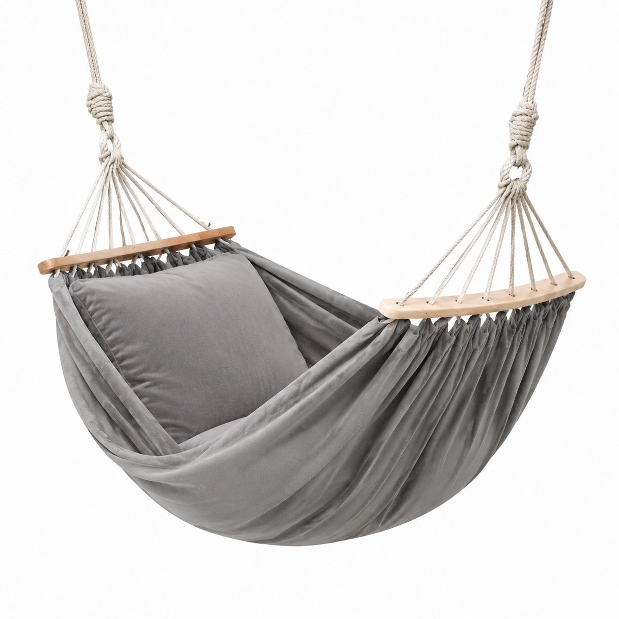 Amaca sospesa in cotone con cuscino e supporto in legno, grigio