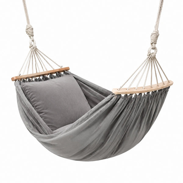 Amaca sospesa in cotone con cuscino e supporto in legno, grigio