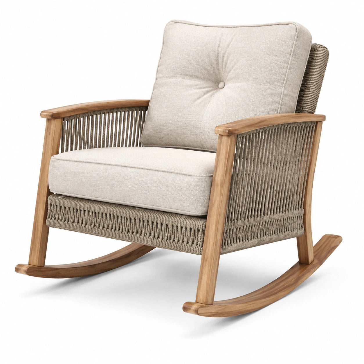 Sedia a dondolo in legno di teak e corda intrecciata beige