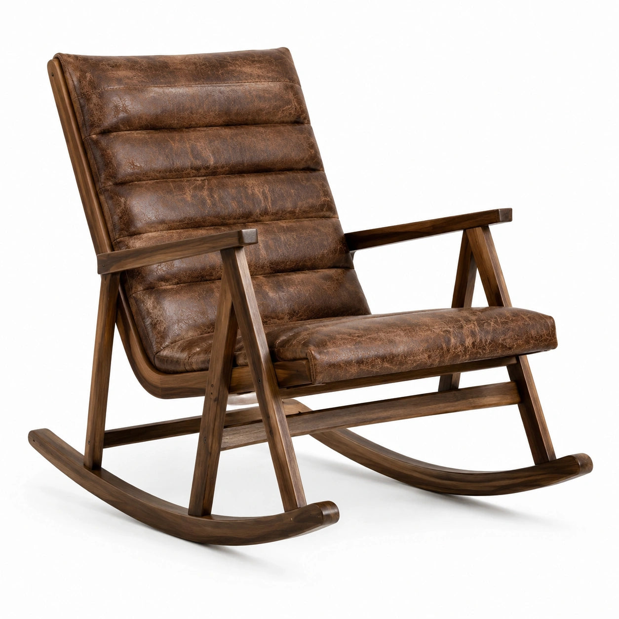 Sedia a dondolo in legno massello con rivestimento in pelle sintetica marrone
