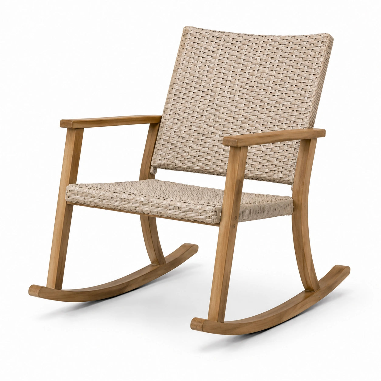 Sedia a dondolo in teak e rattan sintetico beige