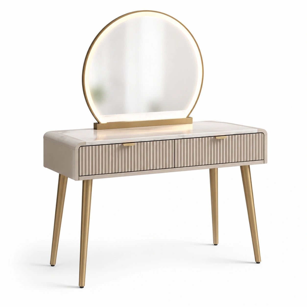Tavolo da Toeletta con Specchio Rotondo LED in Legno e Metallo 120 cm