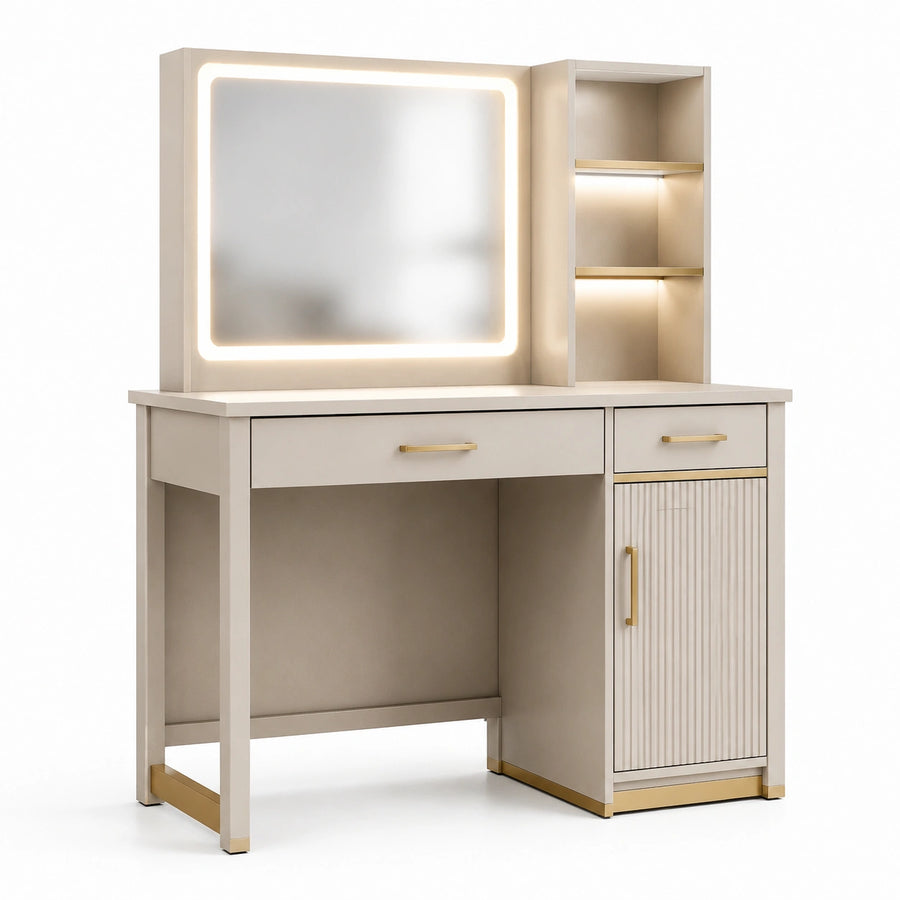 Tavolo da Toeletta con Specchio LED e Ripiani, Legno Beige