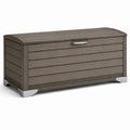 Baule da giardino in composito di legno marrone con elementi in acciaio inox
