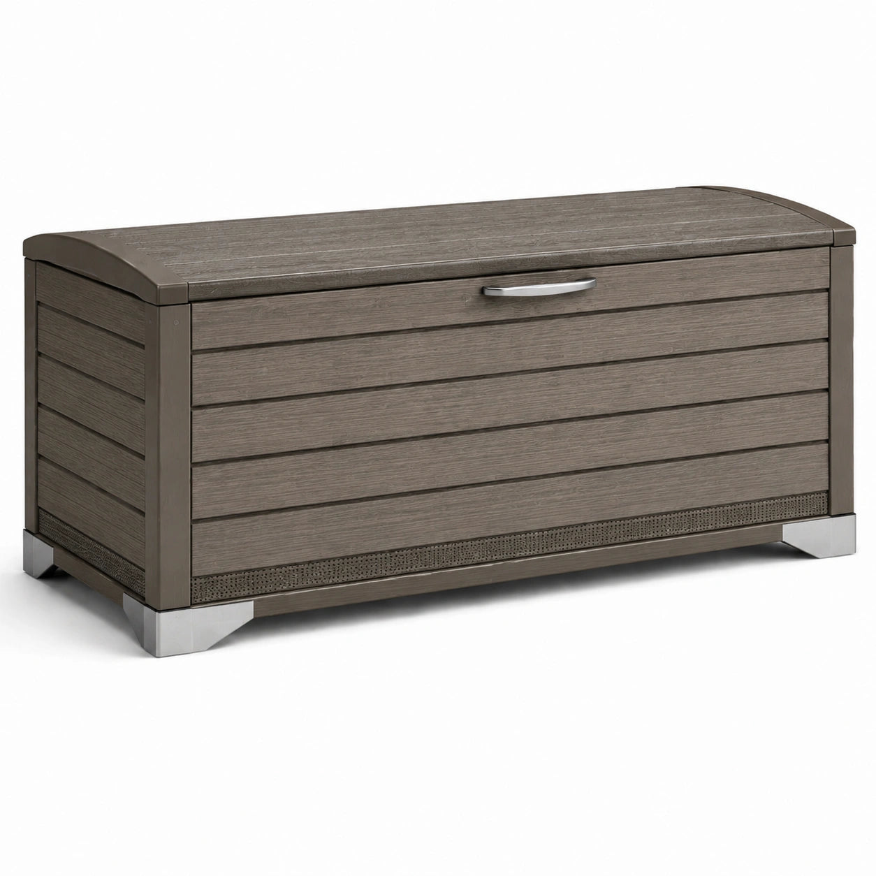 Baule da giardino in composito di legno marrone con elementi in acciaio inox