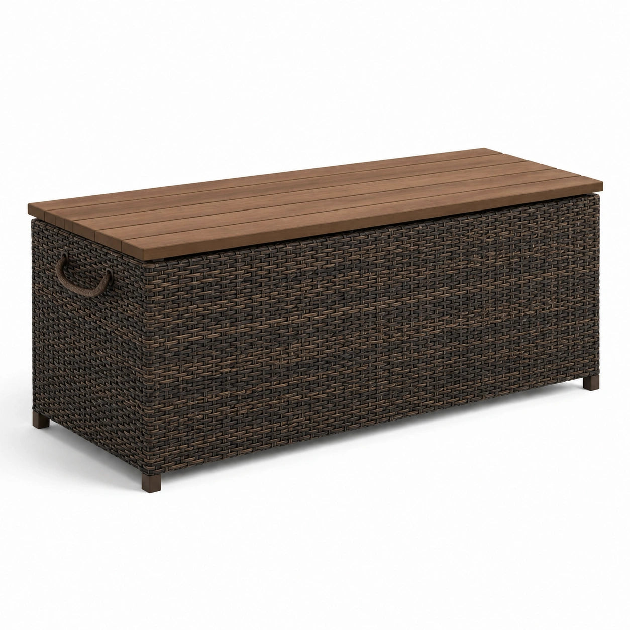 Baule da giardino in rattan sintetico marrone con coperchio in legno di acacia
