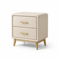 Comodino con Due Cassetti in Pelle Sintetica Beige e Gambe in Metallo Dorato