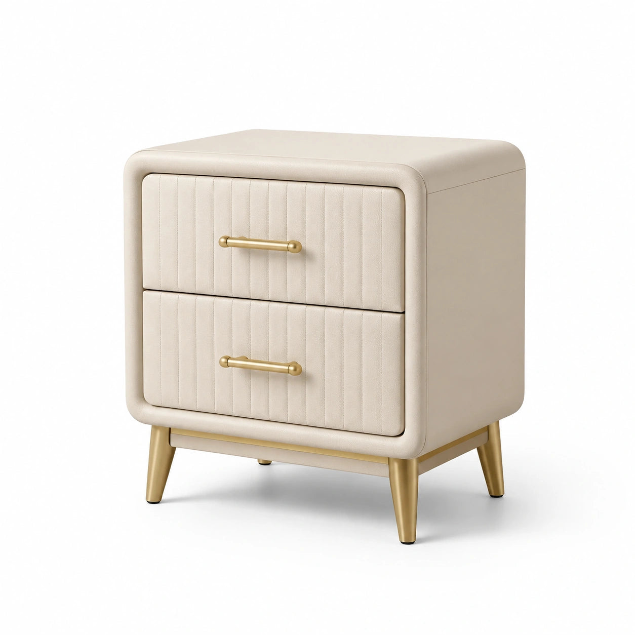 Comodino con Due Cassetti in Pelle Sintetica Beige e Gambe in Metallo Dorato
