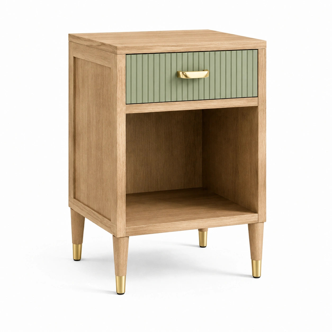 Comodino in legno con cassetto verde e maniglia dorata