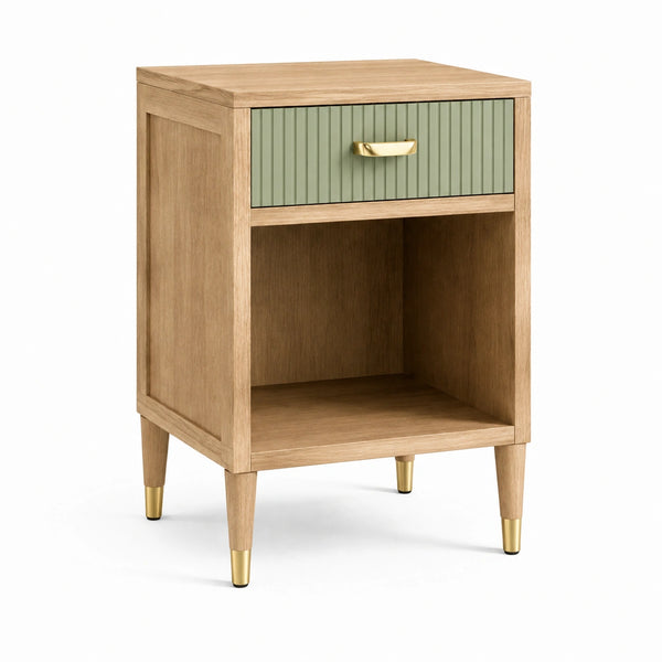 Comodino in legno con cassetto verde e maniglia dorata