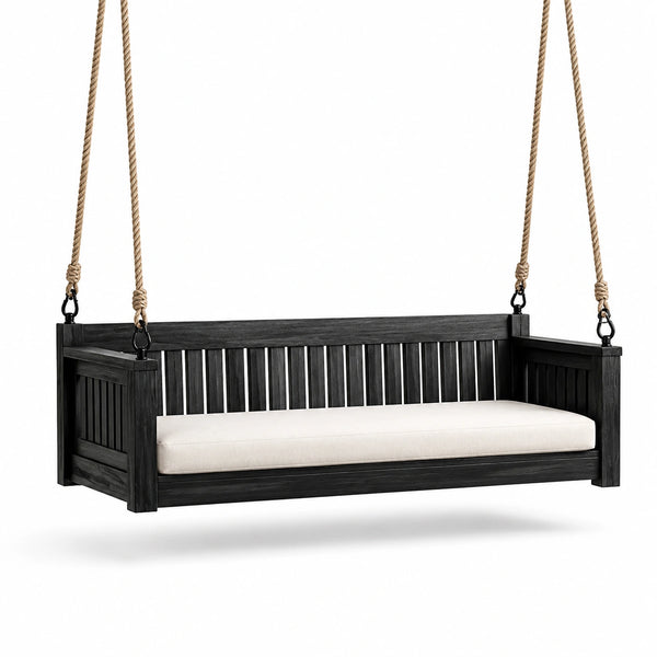 Dondolo in legno nero con cuscino bianco