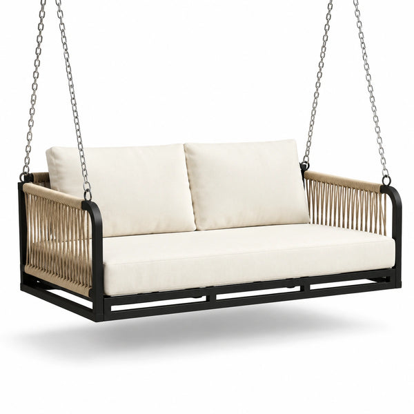 Dondolo da veranda due posti in metallo e corda beige