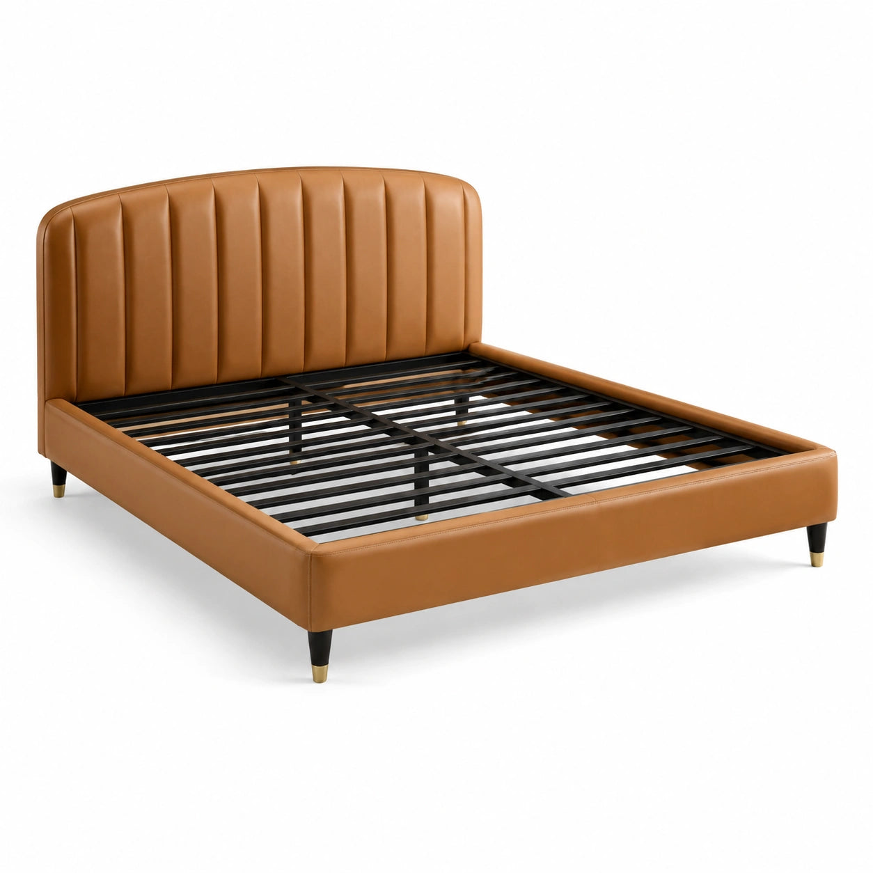 Letto matrimoniale in metallo con rivestimento in similpelle marrone