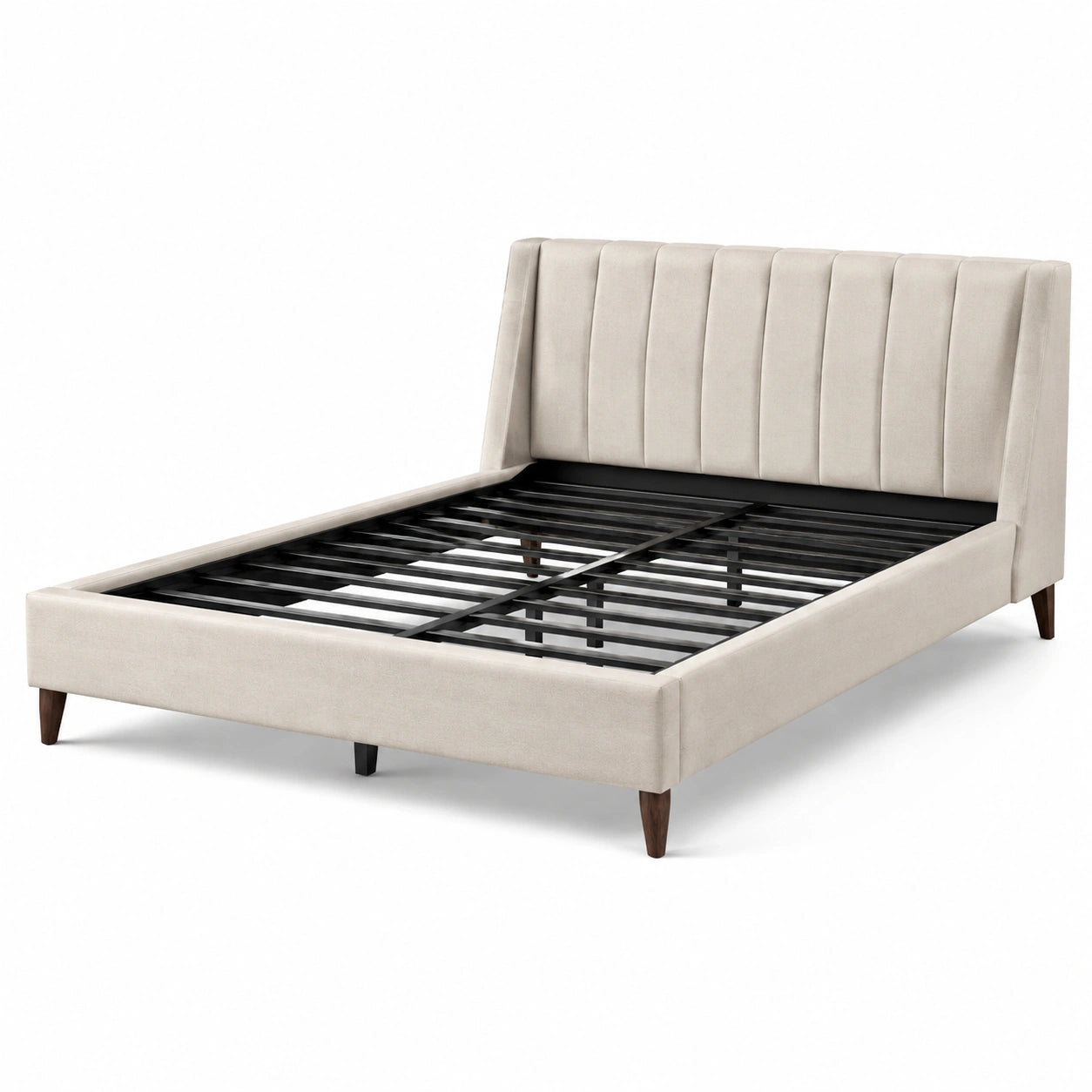 Letto matrimoniale in velluto beige con testiera imbottita e gambe in legno