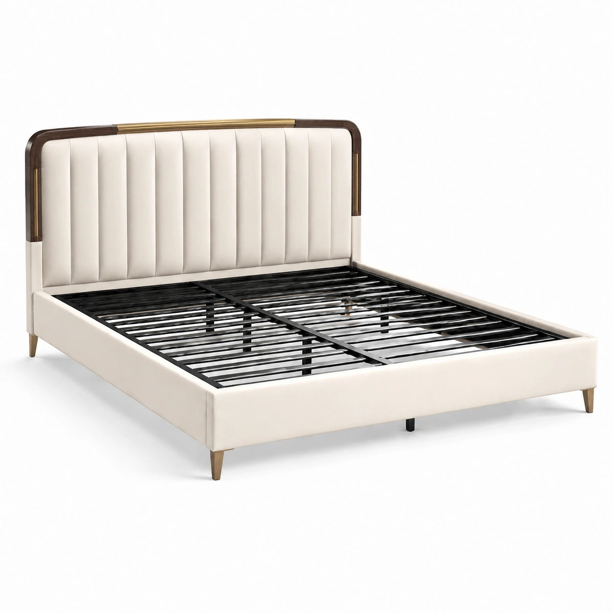 Letto matrimoniale con testiera imbottita in ecopelle beige, 200x160 cm