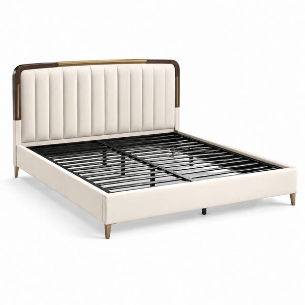 Letto matrimoniale con testiera imbottita in ecopelle beige, 200x160 cm