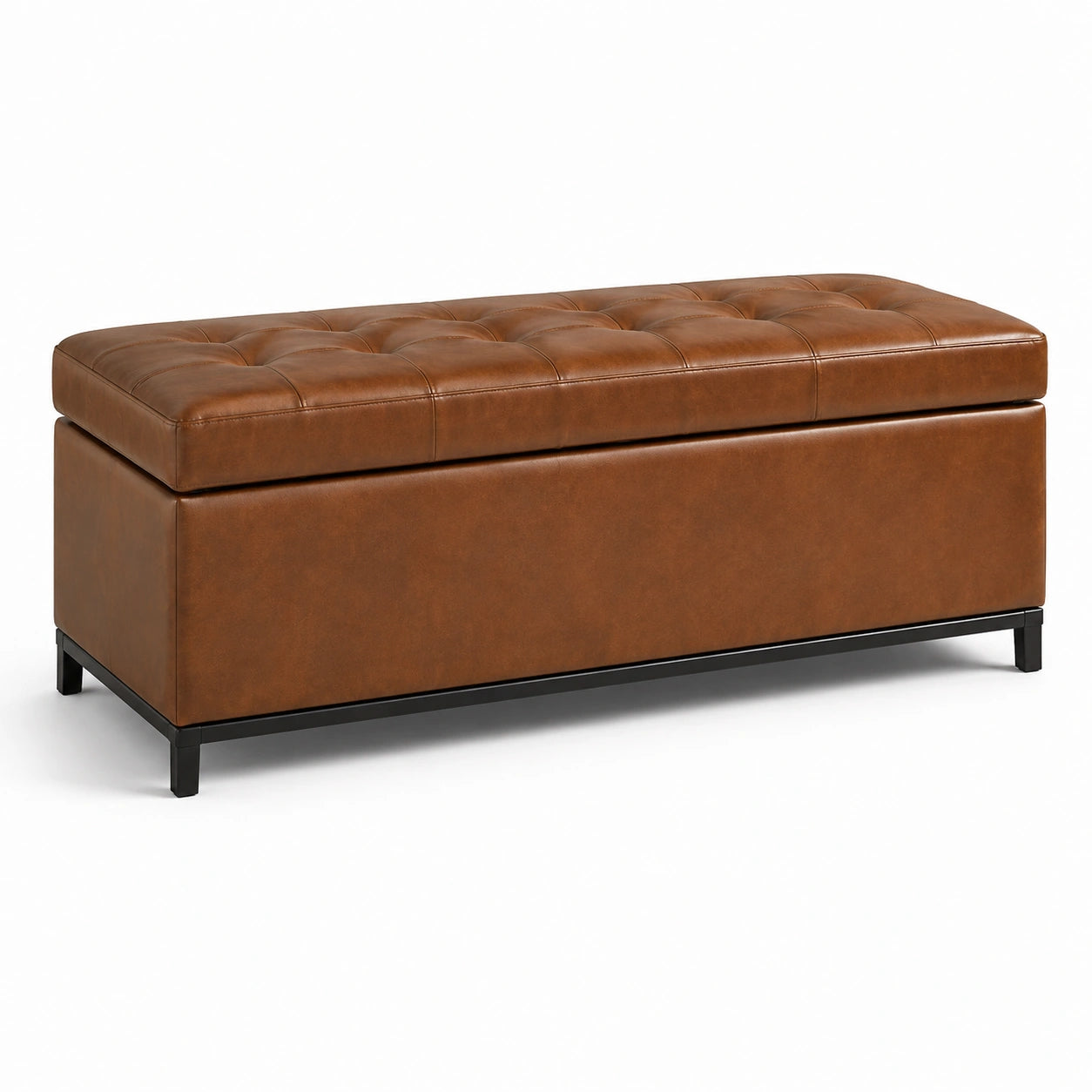 Panca contenitore rettangolare in pelle sintetica marrone con gambe in metallo, 120 cm x 45 cm x 45 cm