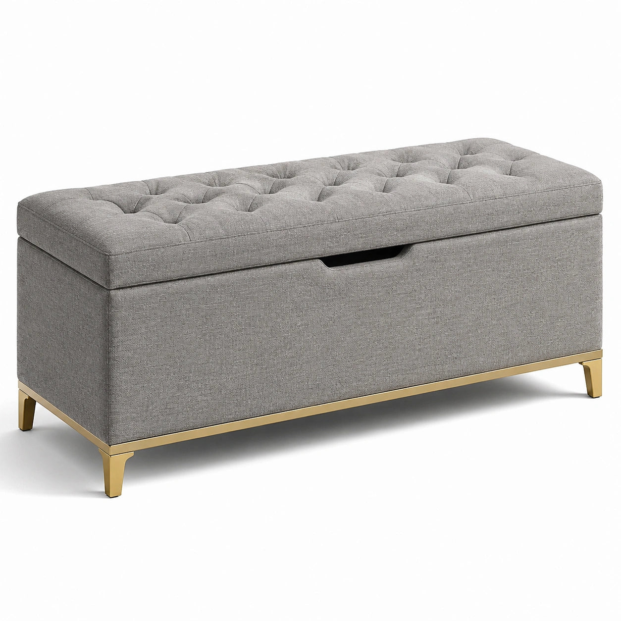 Cassapanca in tessuto grigio con gambe in metallo dorato