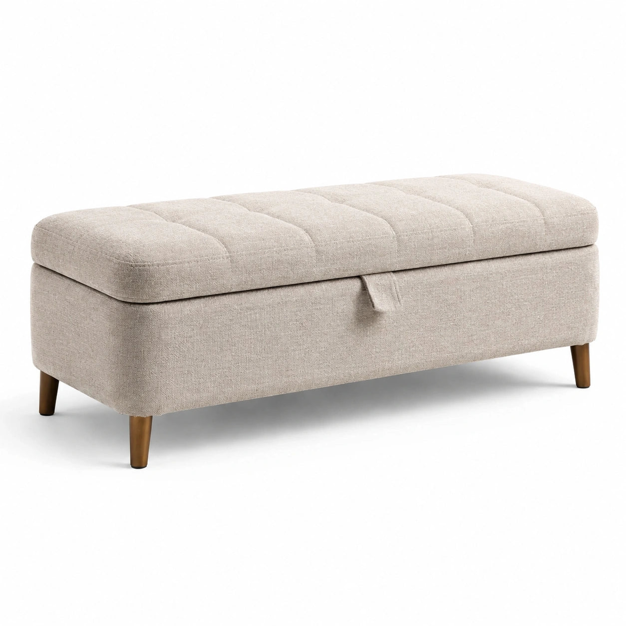 Panca contenitore in tessuto beige con gambe in legno