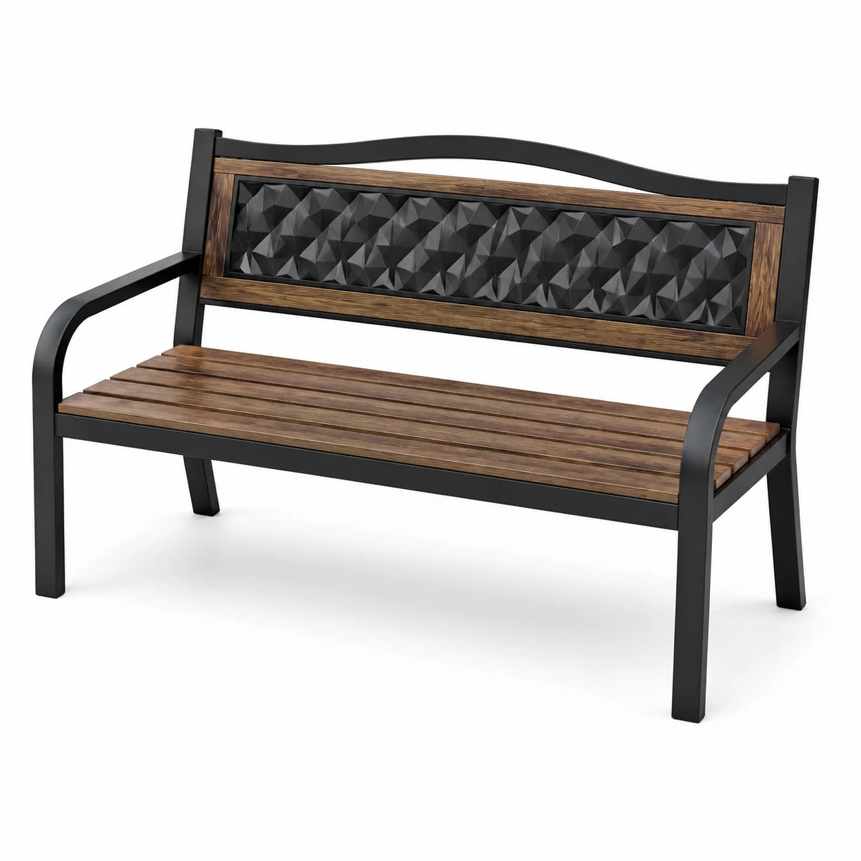 Panchina da giardino in legno e metallo verniciato con schienale decorativo