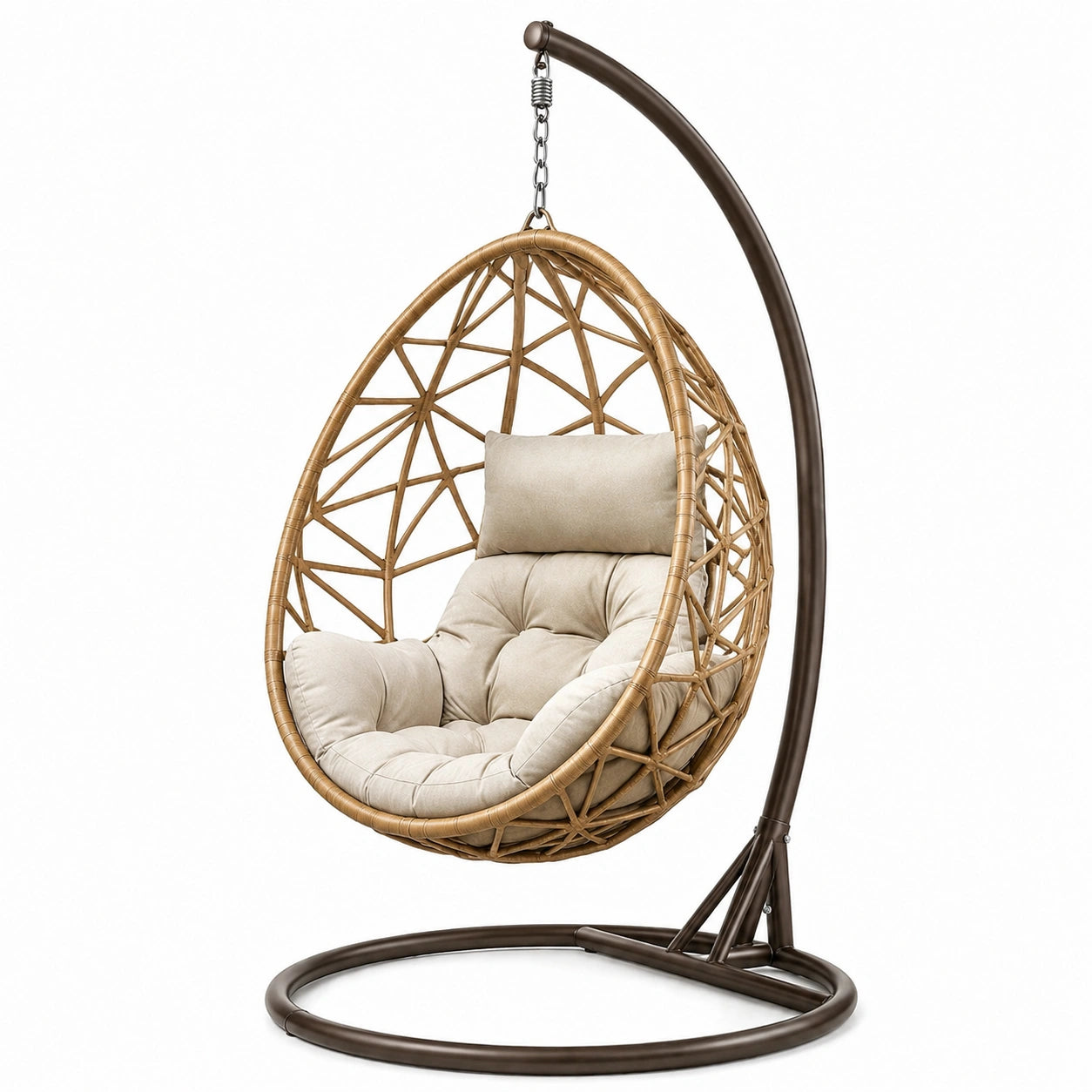Sedia a dondolo sospesa in rattan con struttura in metallo e cuscino beige