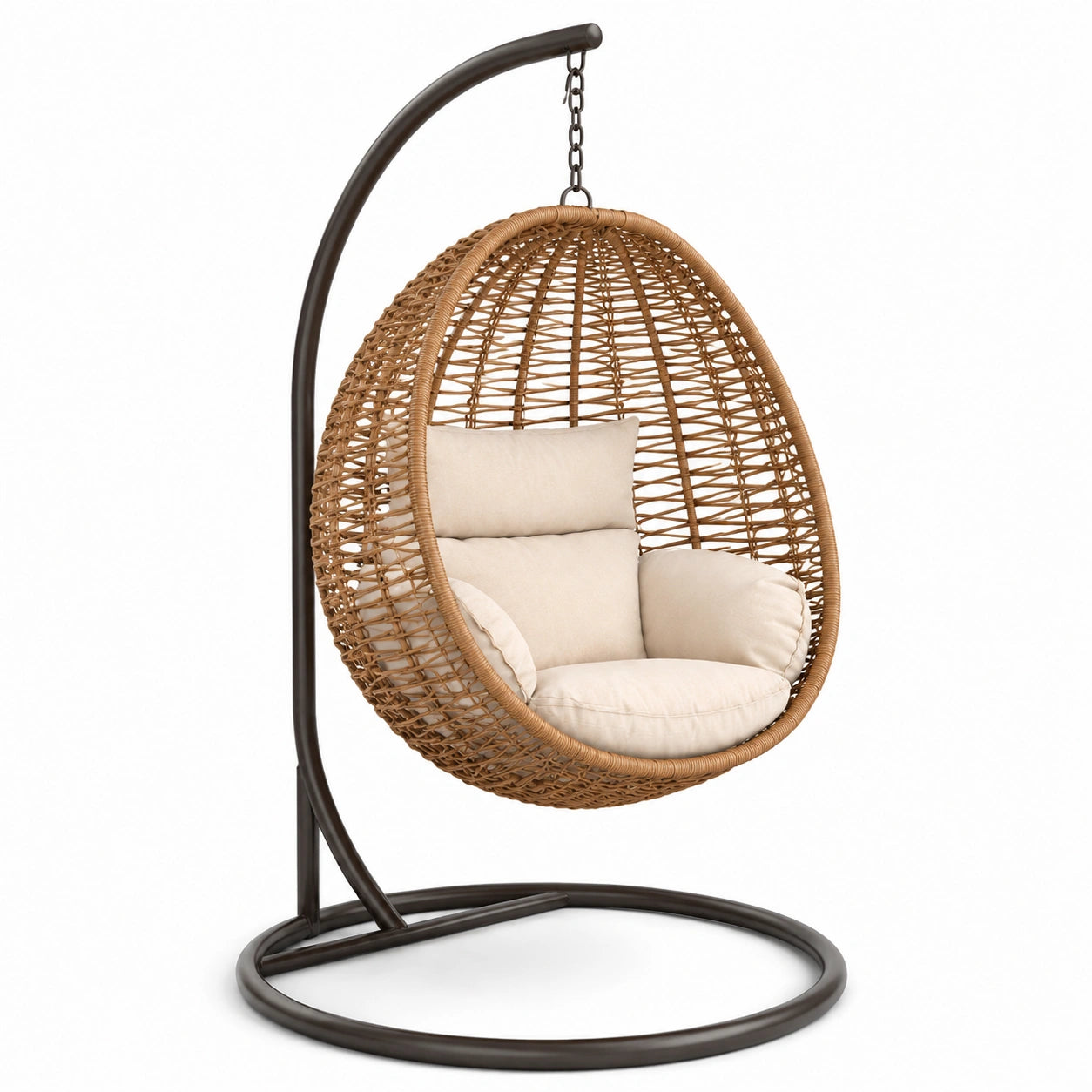 Sedia sospesa in rattan sintetico con cuscini in poliestere e struttura in metallo