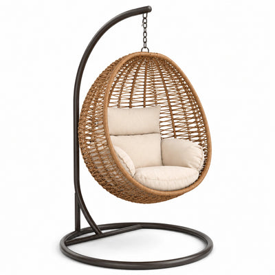 Sedia sospesa in rattan sintetico con cuscini in poliestere e struttura in metallo