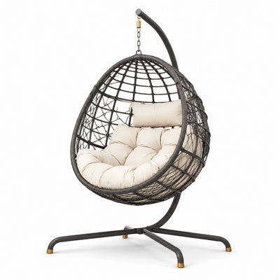 Sedia sospesa a uovo in metallo e rattan con cuscino beige