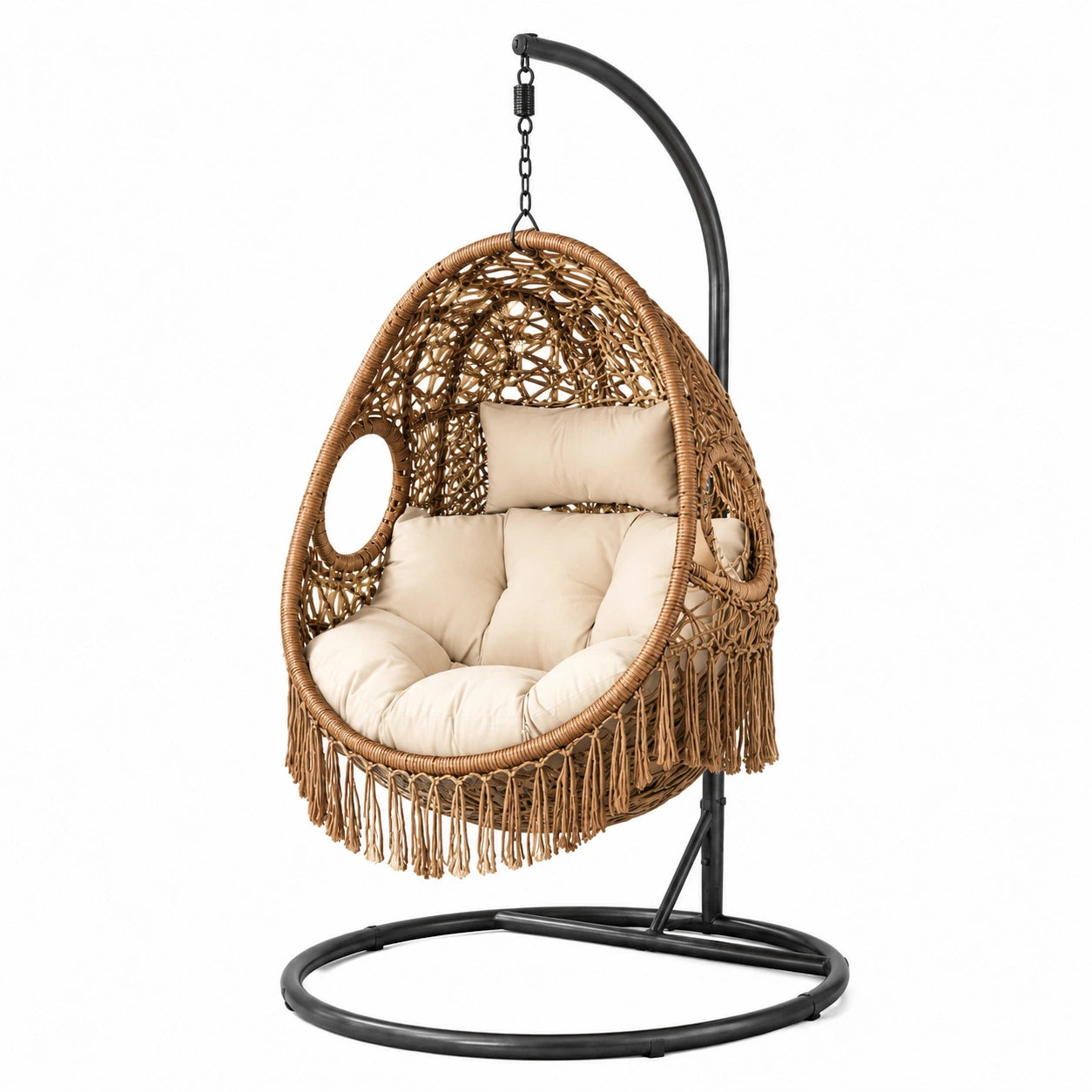 Sedia sospesa in rattan con cuscino beige e base in metallo nero, 200 cm