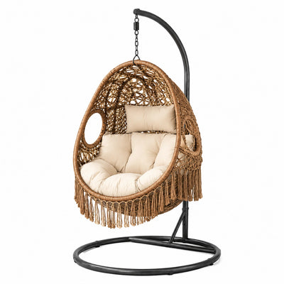 Sedia sospesa in rattan con cuscino beige e base in metallo nero, 200 cm