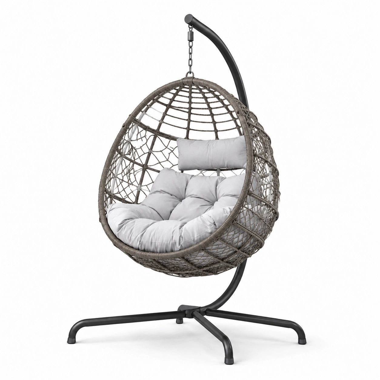 Sedia sospesa in rattan sintetico con struttura in metallo e cuscini